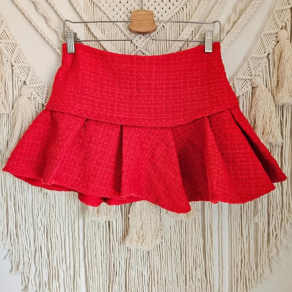 Maje Tweed Ruffled Pleated Asymmetrical Red Micro Mini Skort Skirt US S EU 36